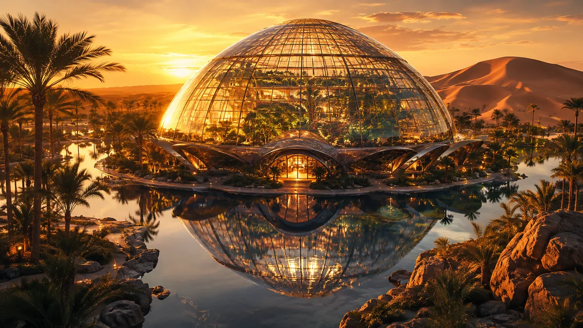 golden glass dome in a desert oasis at sunset