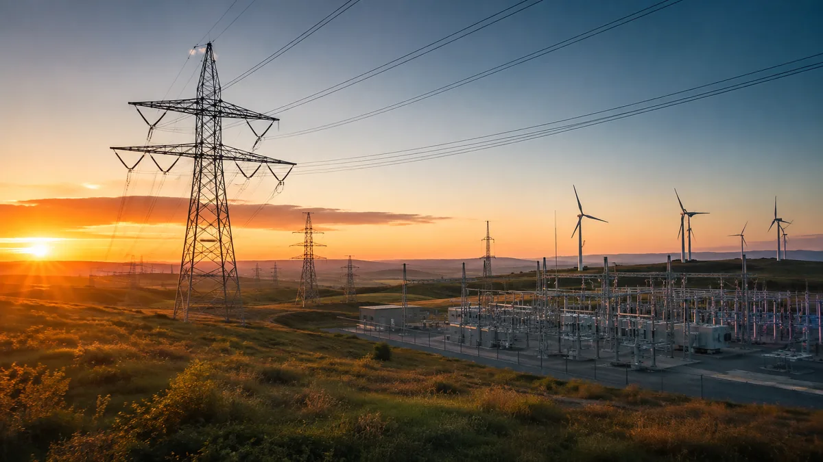 Transmission towers and wind turbines share a sunset landscape across open land.