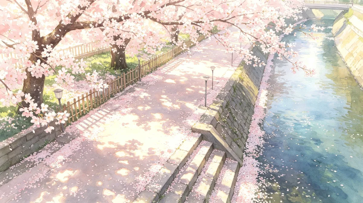 Cherry blossom walkway beside calm river in spring