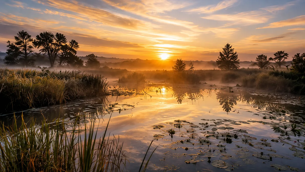 A calm wetland reflects sunset light around reeds, grasses, and still water.