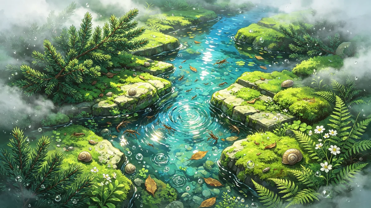 A turquoise river winds between moss-covered stepping stones and green islands above drifting mist, forming a fantasy landscape for hidden paths, sacred nature, floating valleys, and tranquil...