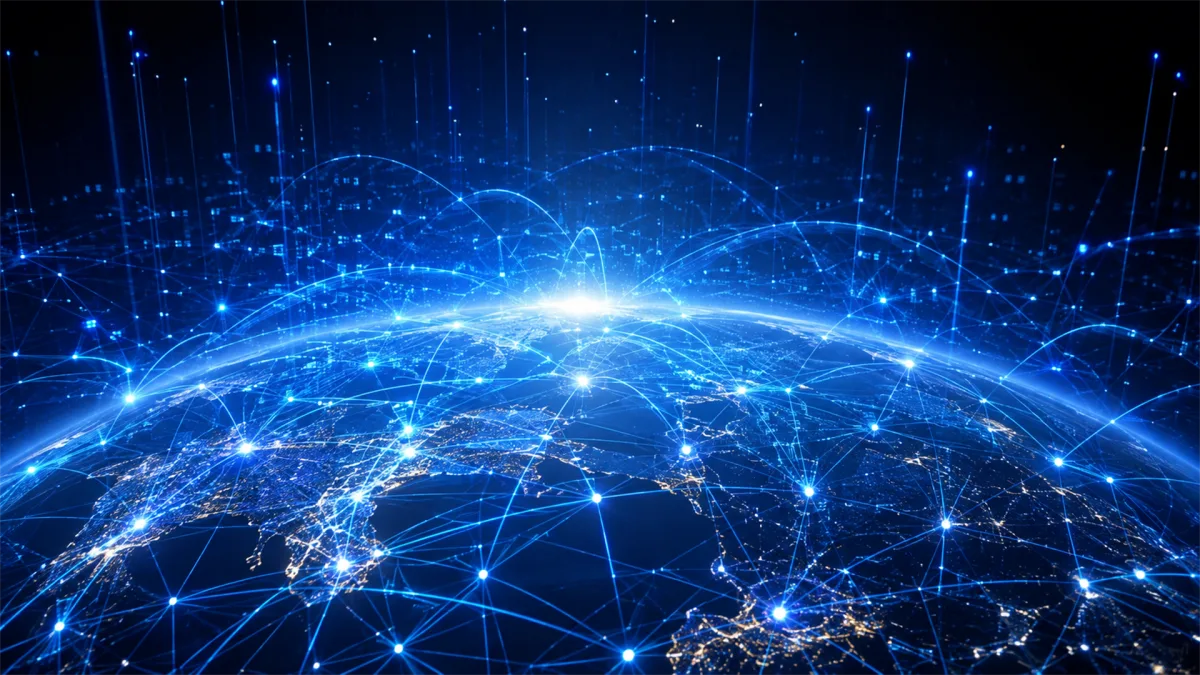 Electric blue arcs and points spread over a glowing planet horizon, suggesting real-time communication, global routing, data synchronization, remote services, and the abstract architecture of...
