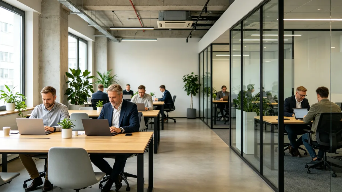 Professionals sit around a table inside a glass-walled conference room beside an open office, showing formal discussion, corporate planning, and collaborative decision-making in a contemporary...