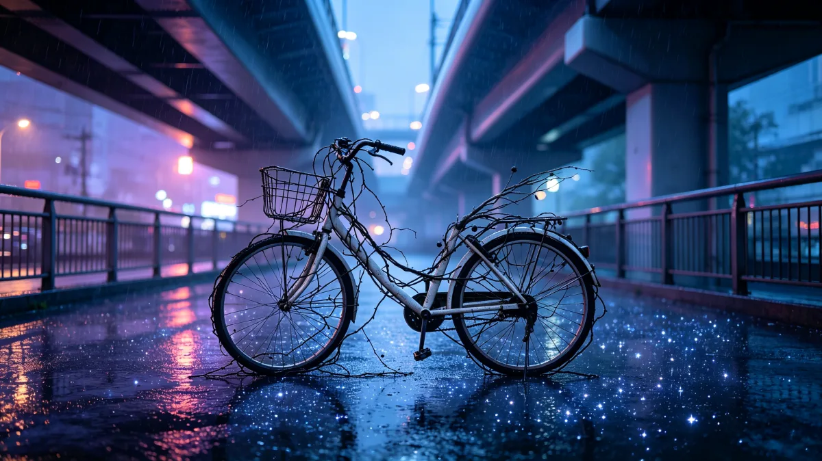 A bicycle stands under a neon-lit overpass on a wet blue and pink walkway.