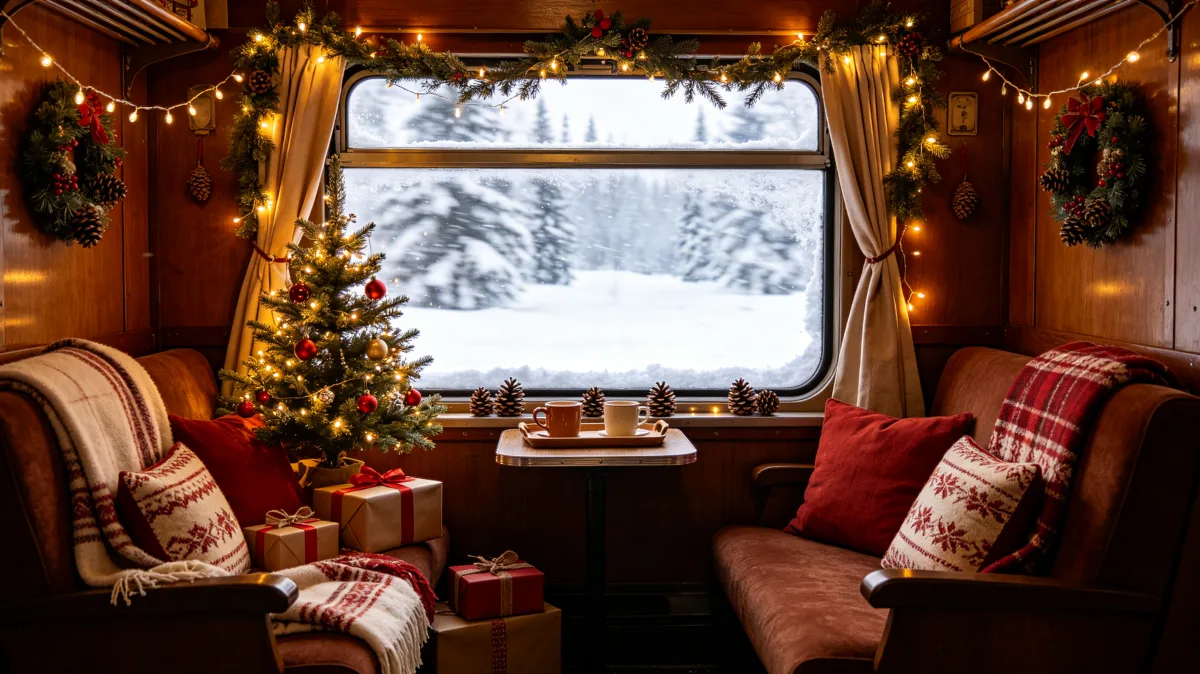 Christmas train cabin with tree, plaid seats, gifts, and snowy window