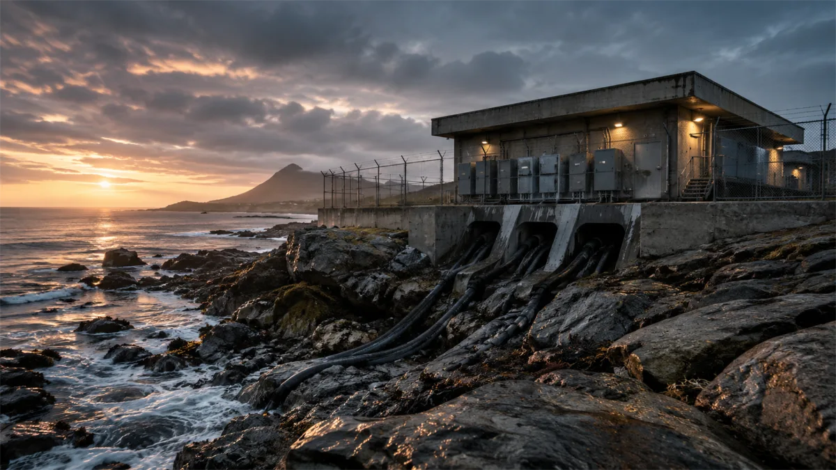 A rugged building on a rocky coastline faces waves and dramatic sunset clouds, suggesting resilient edge infrastructure, coastal utilities, weather monitoring, and network equipment built for...