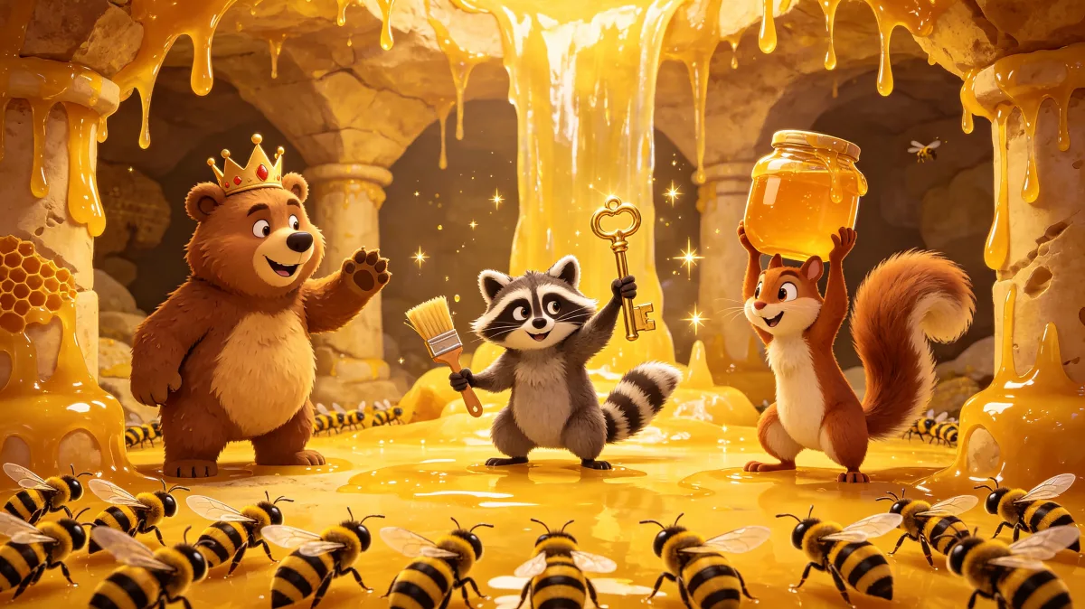 A colorful storybook cartoon scene featuring honey cave treasure with bear and raccoon, designed for playful children-friendly illustration use.