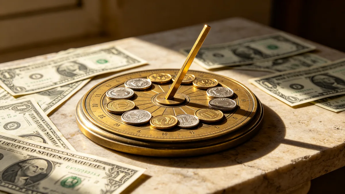 A gold circular sundial-like disk with coins and a pointer rests on dollar bills, combining time, savings, interest, and planning into a quiet financial still life.