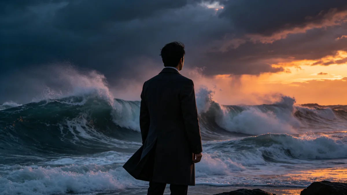 Lone Man Facing Stormy Ocean