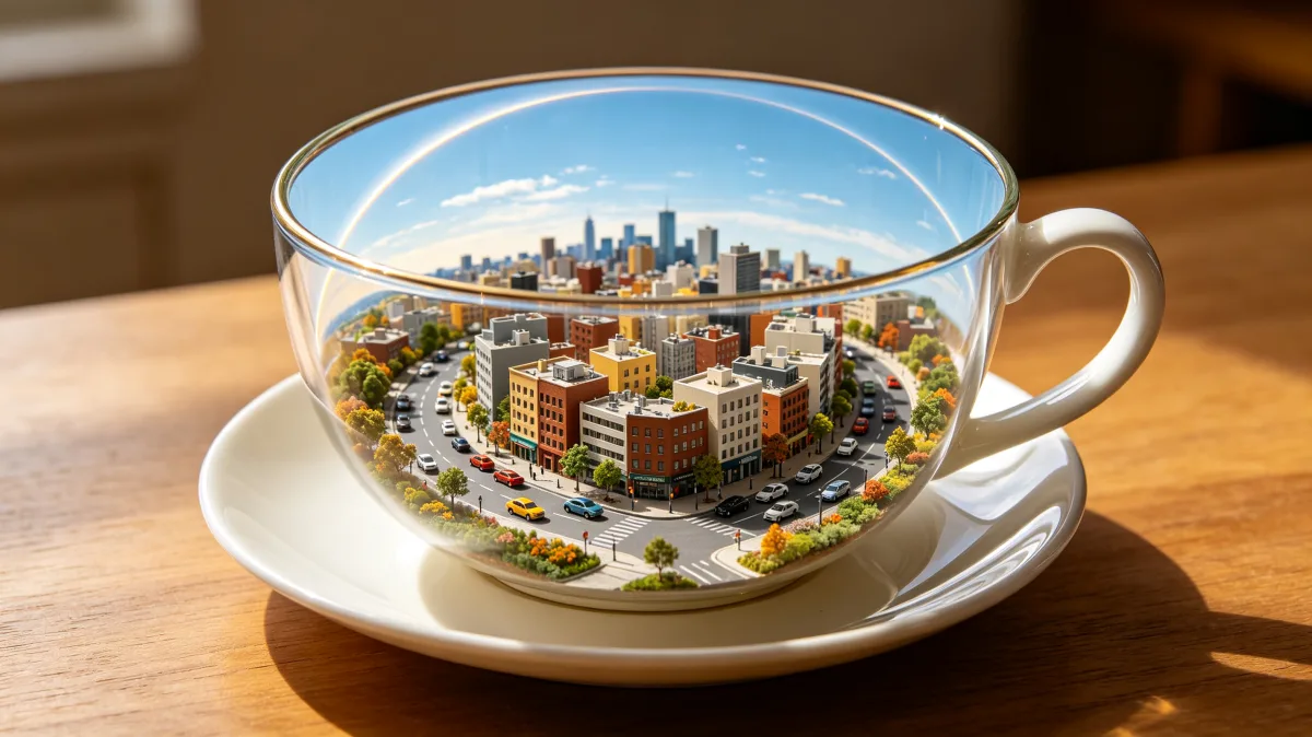 A transparent teacup on a saucer contains a detailed miniature city and roadway, creating a delicate concept about urban life, scale, hospitality, neighborhoods, and the everyday rituals around...
