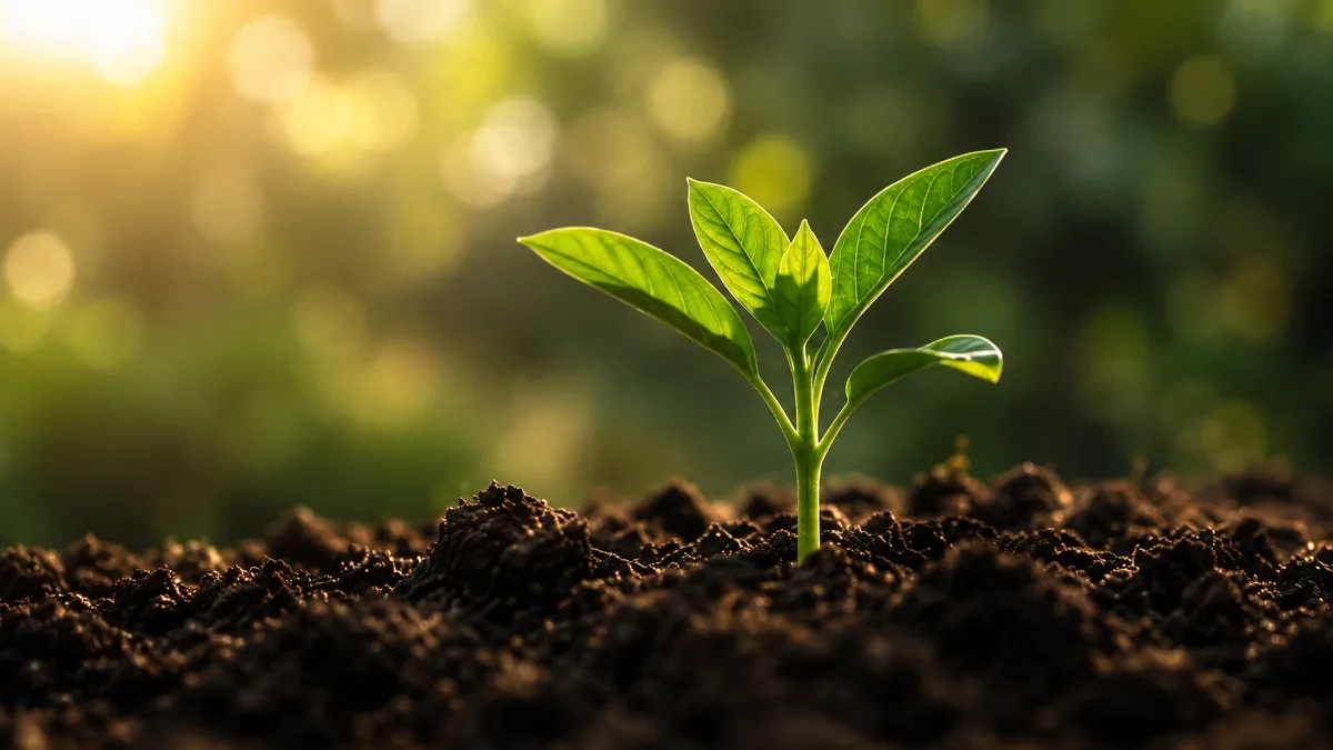 A young green seedling grows from dark soil in warm sunlight.