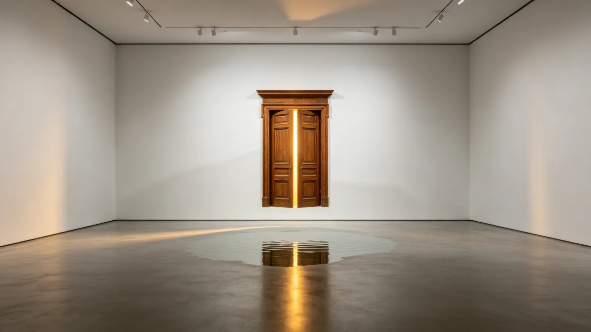 A narrow wooden door stands alone in a white gallery with reflections on the floor.