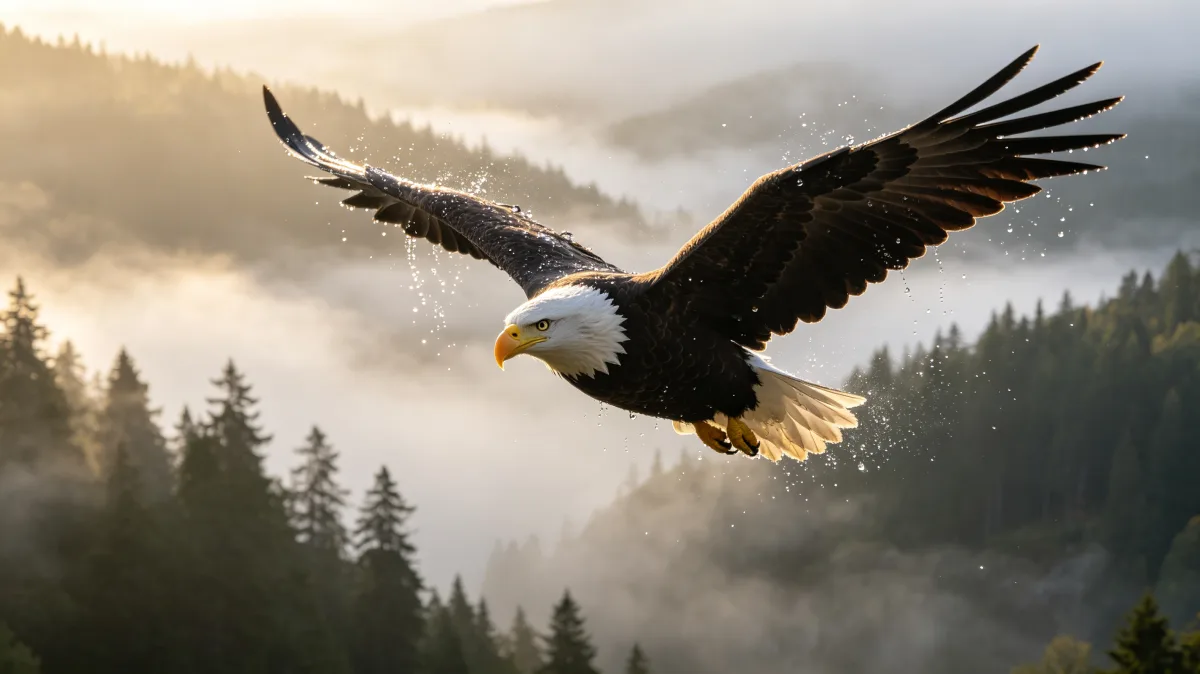 A bald eagle soars above misty evergreen hills with its wings fully spread in dramatic morning light.