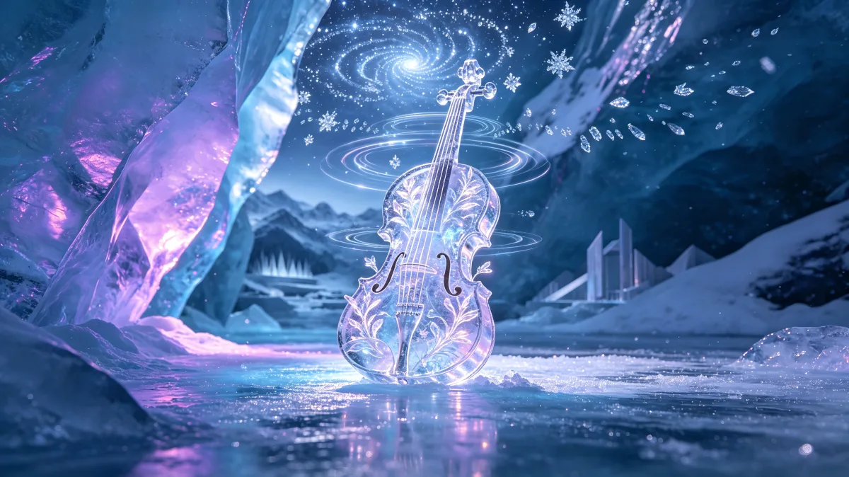 A crystal violin glows inside an icy cave surrounded by frozen mountains and stars.