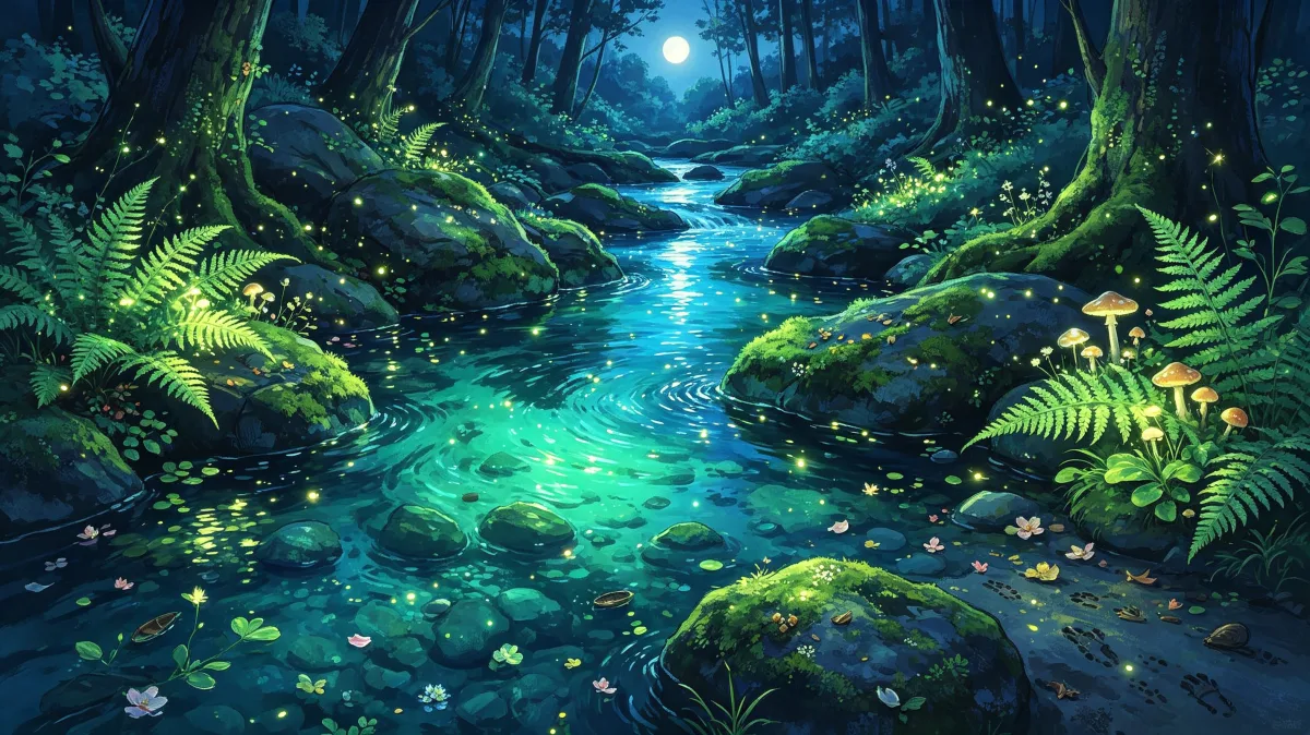 A clear turquoise stream flows between mossy tree roots, ferns, and rounded stones inside a deep forest, giving the scene a magical woodland atmosphere suited to fantasy nature, water, healing...