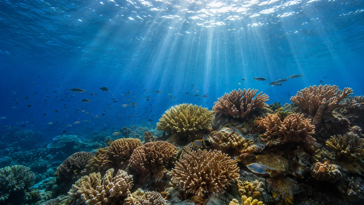 Sunbeams illuminate colorful coral reef and fish in clear blue water.