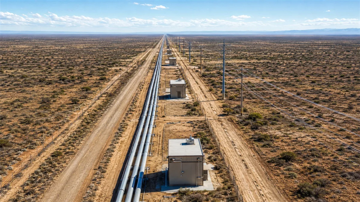 A long fiber optic and utility route cuts through open desert beside a straight rail or service corridor, showing remote broadband infrastructure, repeater shelters, and the physical footprint...