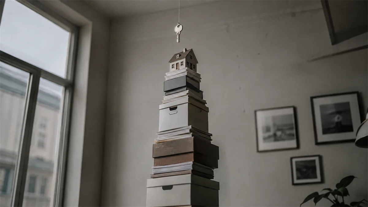 A small model house sits at the top of a tall stack of books and documents in a dim room, suggesting housing paperwork, bureaucracy, and financial pressure.