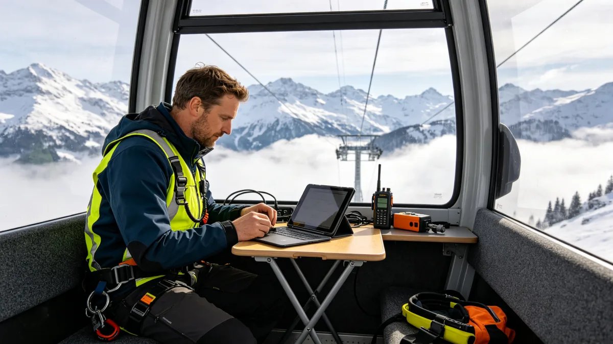 A man in outdoor gear works at a laptop inside a mountain gondola or lift station with snowy peaks outside, showing operations management and field work in alpine conditions.