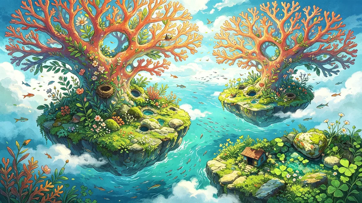 Two floating islands carry coral-like trees, flowers, bridges, and small houses above a bright blue sea, making a colorful fantasy landscape about sky gardens, ecological imagination, and magical...