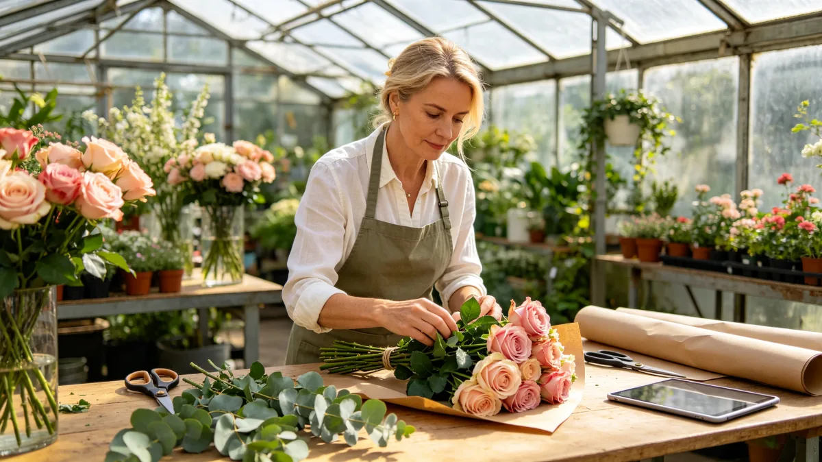 A florist works among flowers, wrapping paper, tools, and greenhouse light, showing small-business craft, order preparation, floral design, and hands-on creative service work.