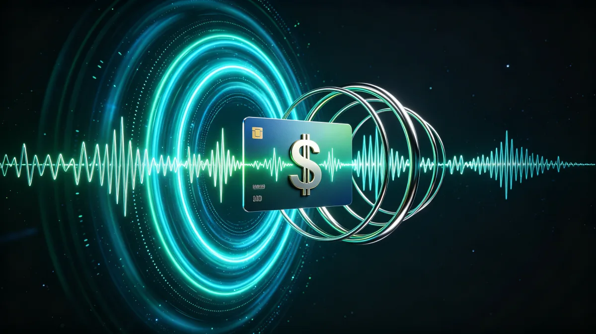 A glowing dollar sign sits inside concentric neon rings and waveform lines on a dark digital background, creating an abstract gateway into electronic payments, market data, and fintech systems.