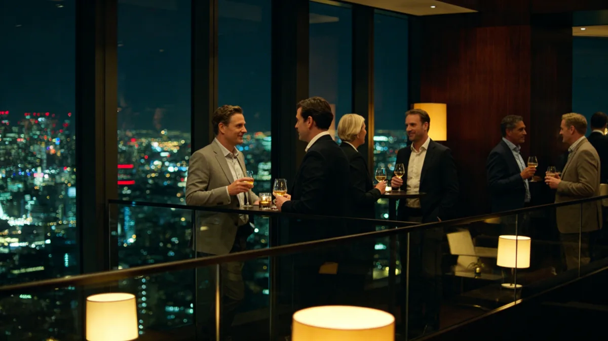 Corporate networking reception with professionals and city skyline