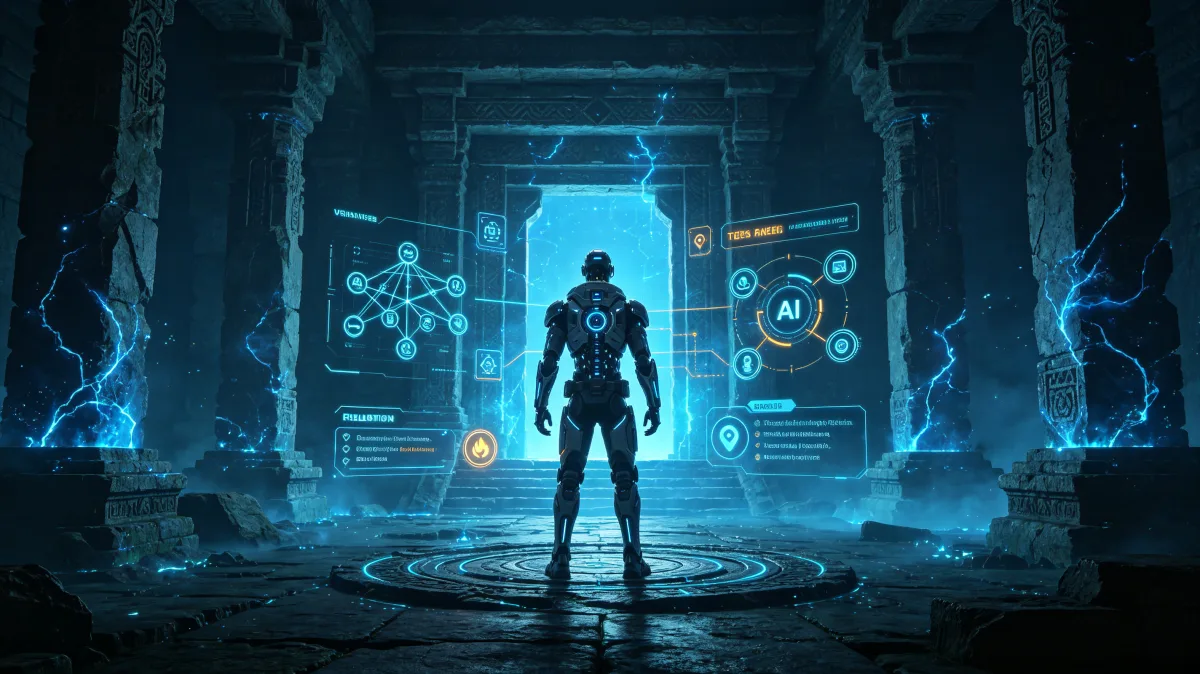Humanoid AI figure in dark ancient chamber with holographic symbols