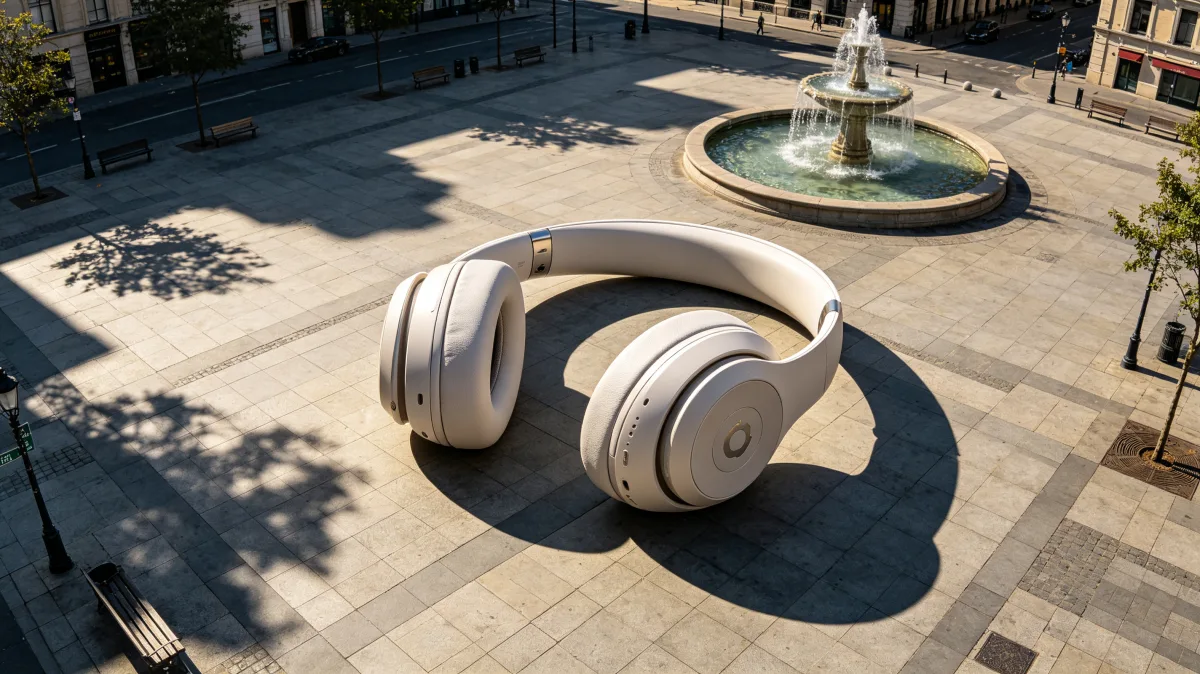 oversized headphones rest across a quiet urban plaza, turning personal audio into a civic-scale object for music culture, listening, public space, entertainment, and sound technology.