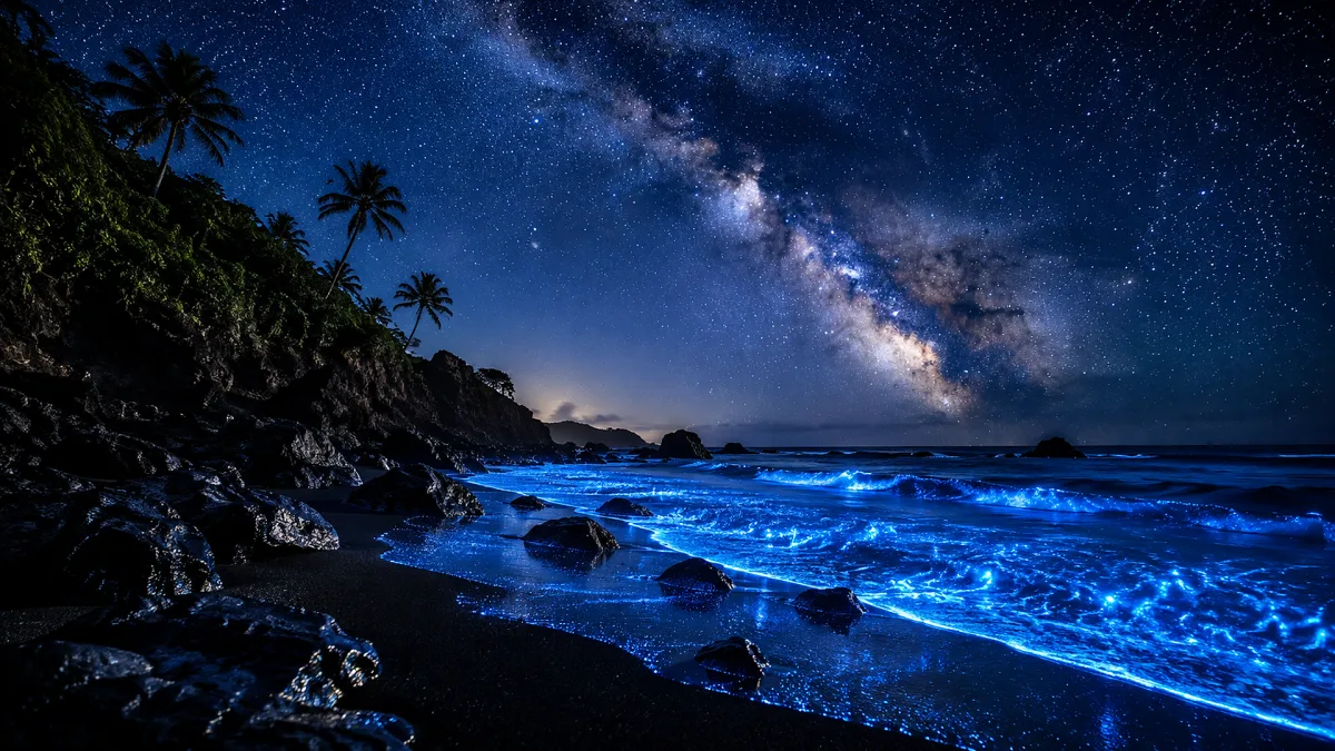 bioluminescent beach with palm trees under Milky Way