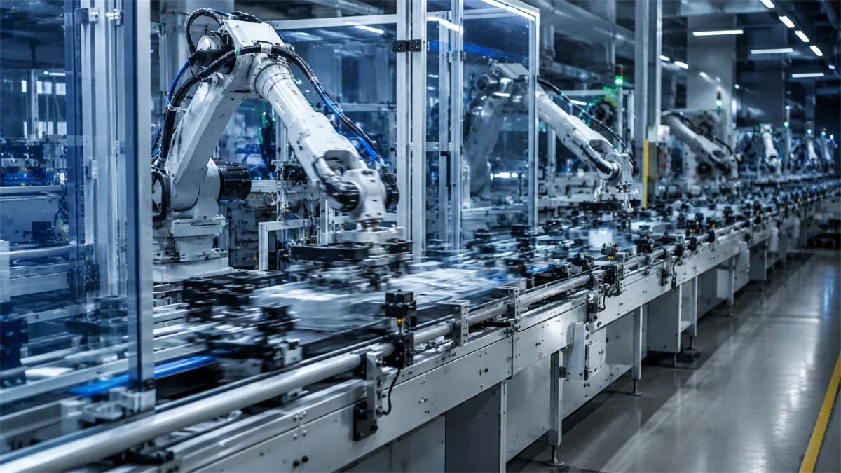 A blue-lit robotic production line runs through a factory, suggesting automation, productivity, labor shifts, and industrial investment.