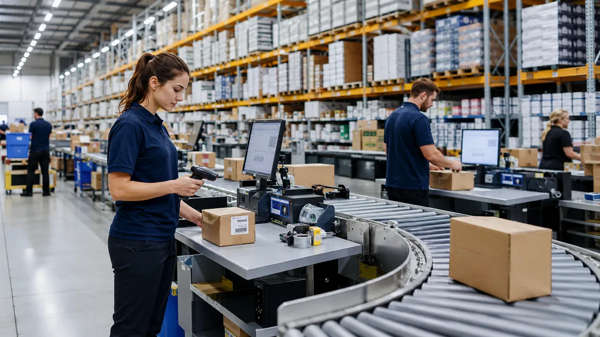 Workers pack parcels at a conveyor station inside a large ecommerce warehouse.