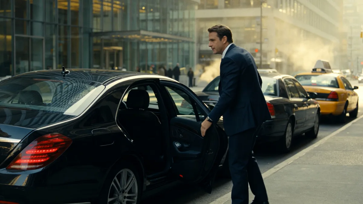 A suited professional gets into a black car during a busy city commute with taxis and office buildings around him.