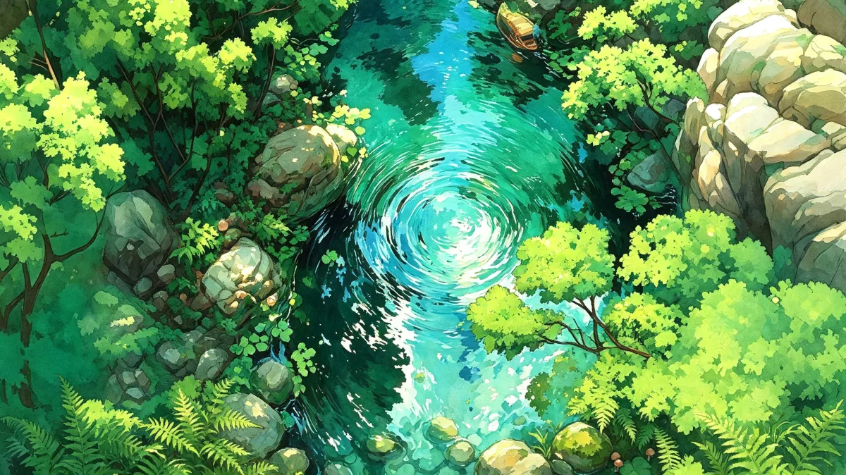 Fantasy turquoise river whirlpool among rocks and forest