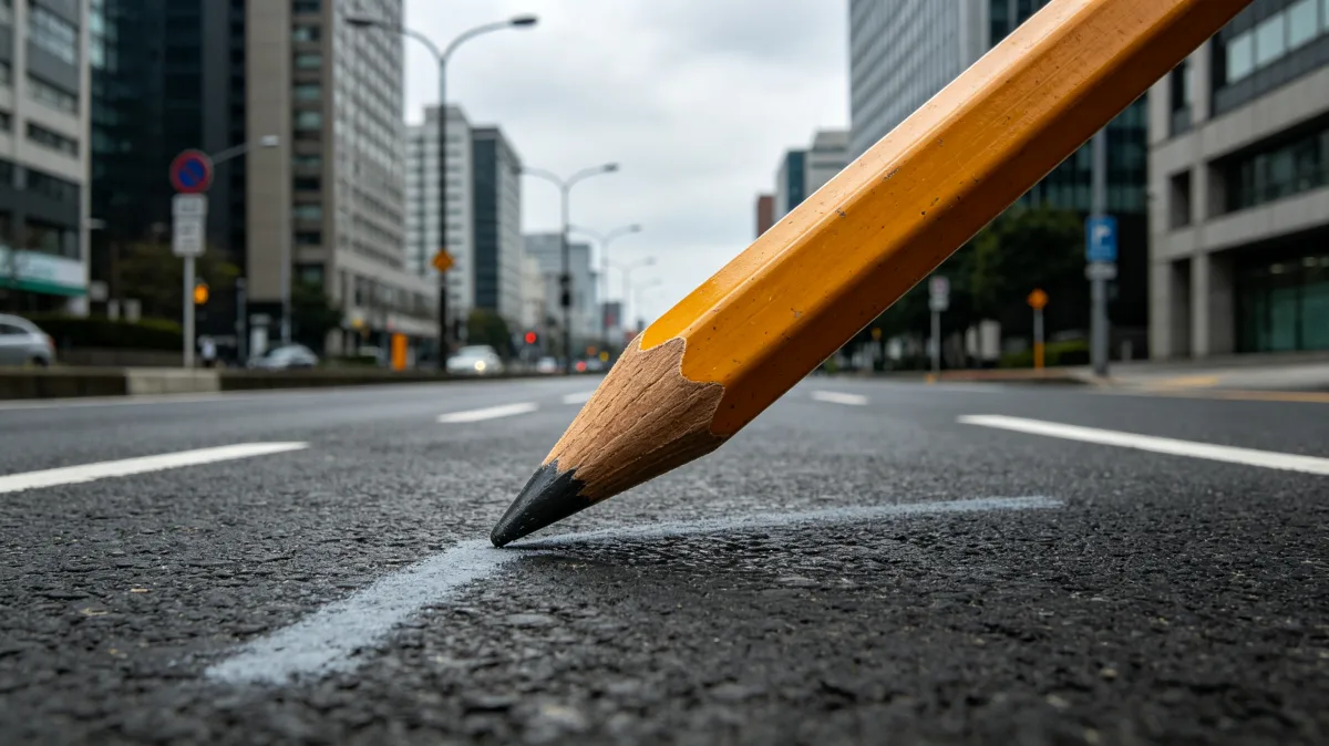 a huge yellow pencil touches an empty city street as if drawing a lane marking, creating a playful concept for urban planning, design, drafting, education, and making marks on public space.