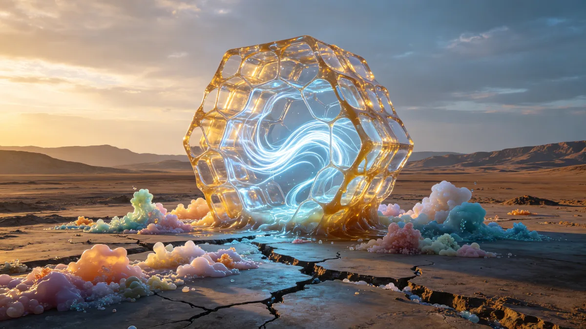 A faceted crystal portal glows on cracked salt flats with pastel clouds around it.
