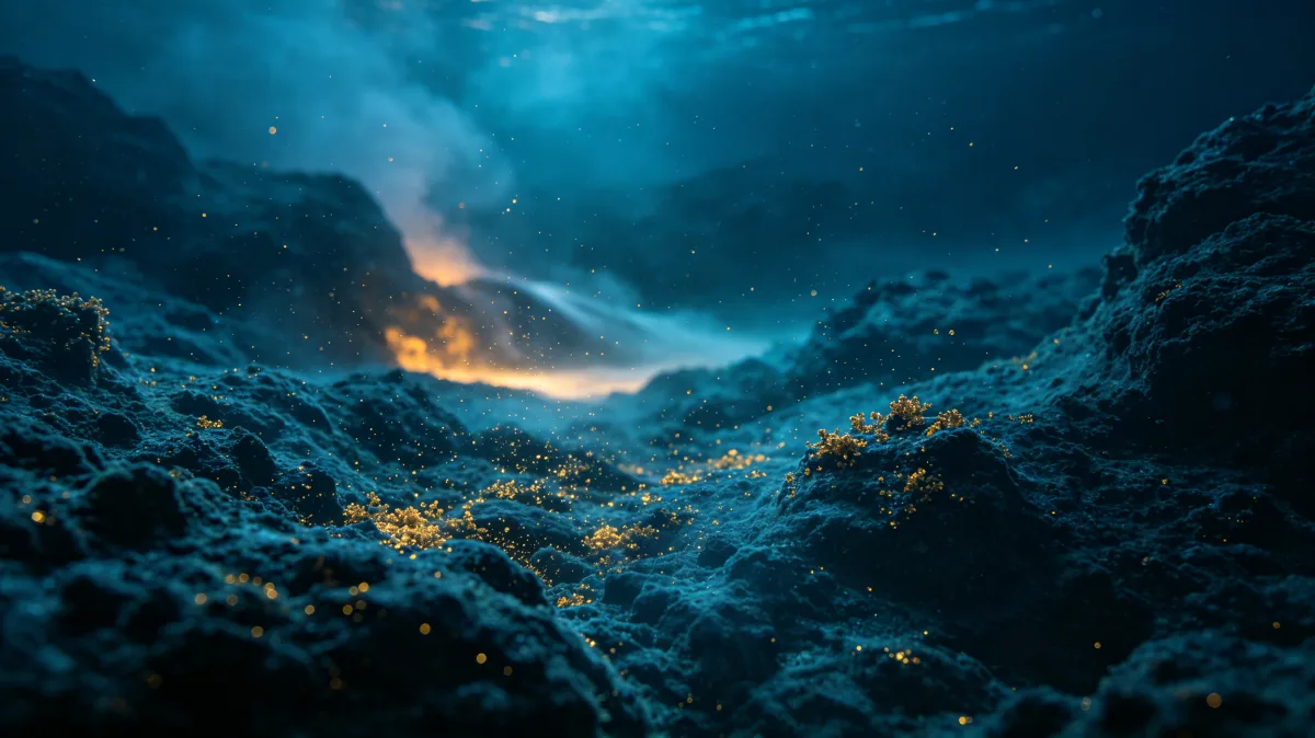 a dark underwater reef glows with warm volcanic light in the distance.