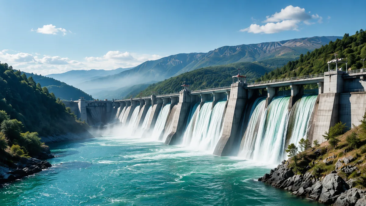 A hydroelectric dam releases water into a vivid turquoise river between mountain slopes.