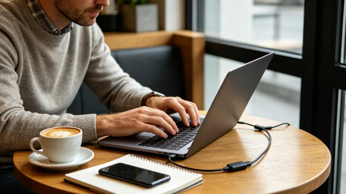 Hands type on a laptop at a round cafe table with coffee, a smartphone, notebook, and warm window light, presenting a realistic flexible-work scene for everyday productivity.