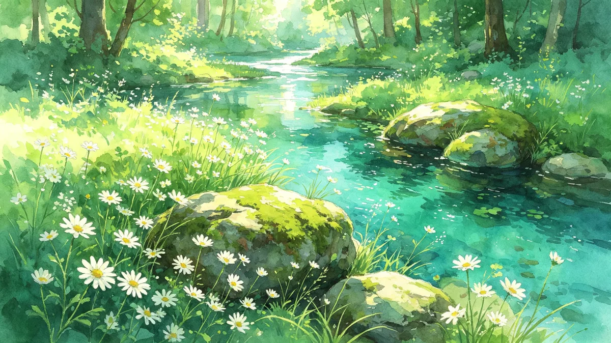 Sunlit forest stream with moss rocks and white flowers