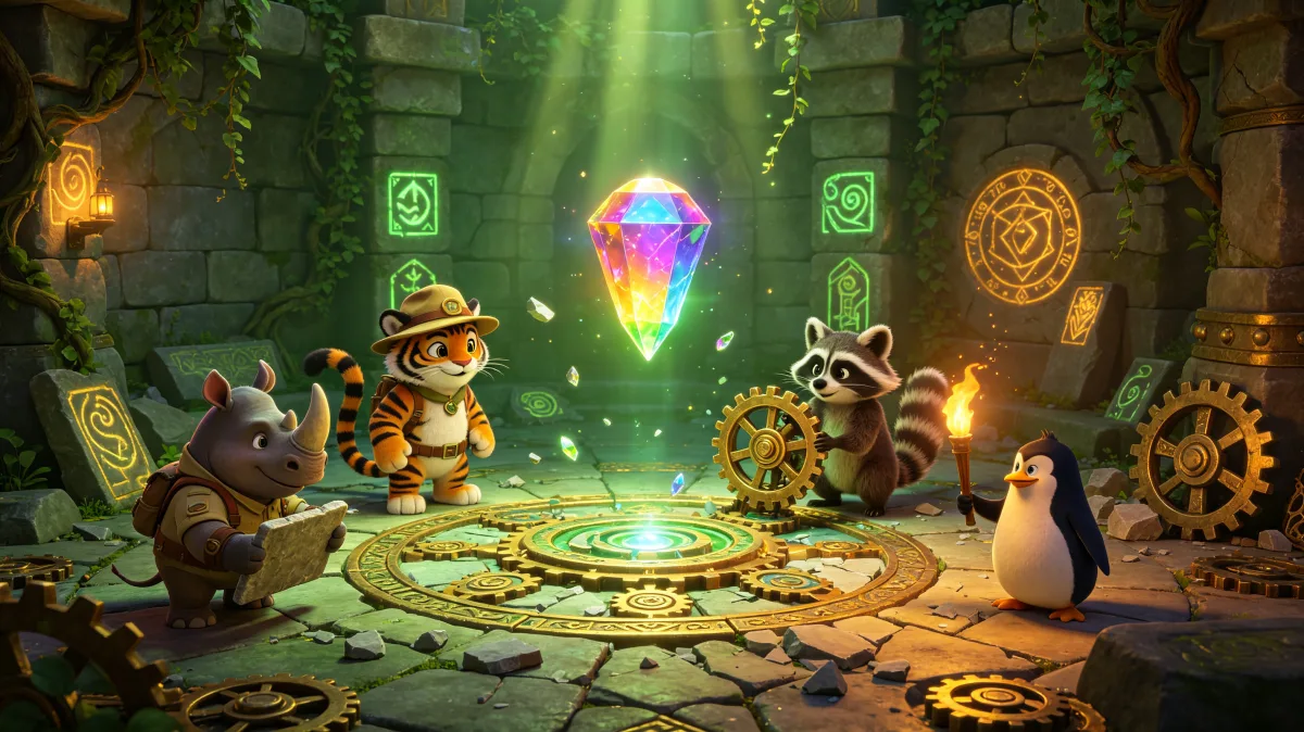 A colorful storybook cartoon scene featuring ancient puzzle temple with animal explorers, designed for playful children-friendly illustration use.