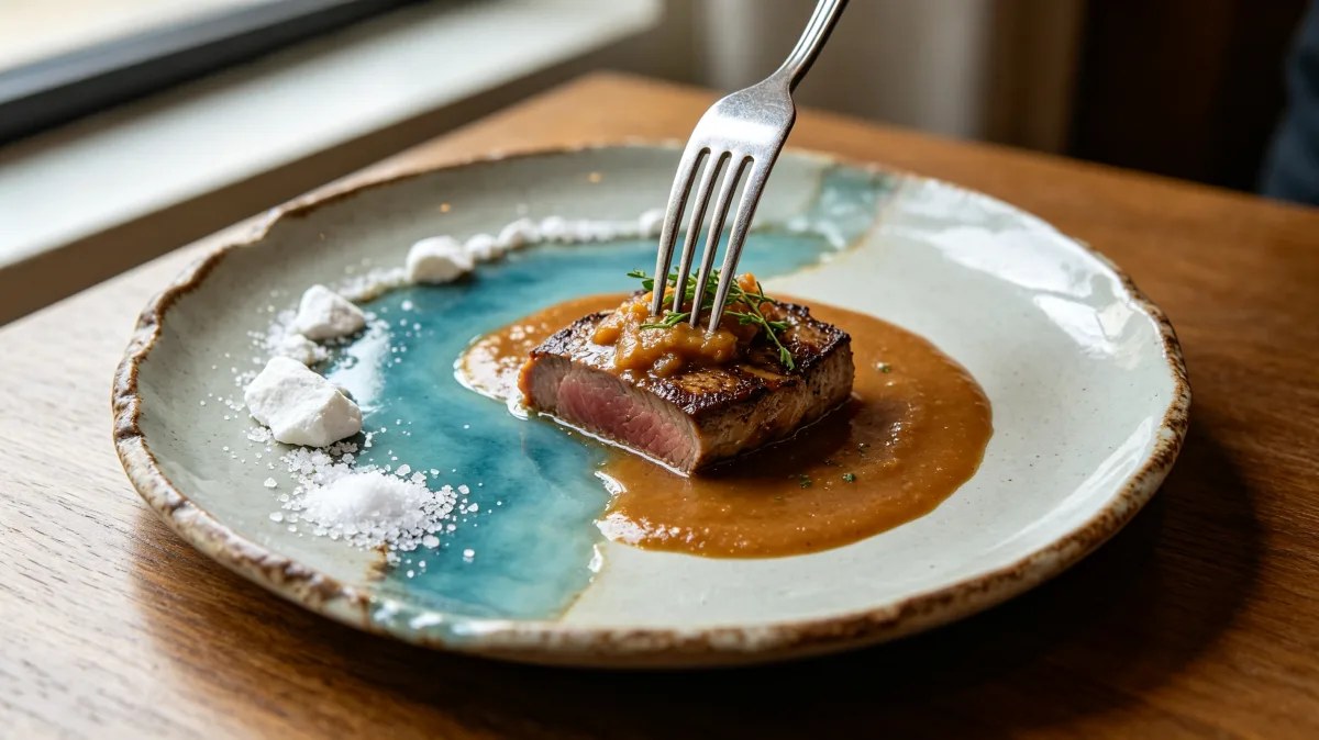 a fork cuts into a small dessert or savory bite on a ceramic plate with blue glaze and sauce, offering a close lifestyle image for dining, tasting, restaurant plating, and careful food presentation.