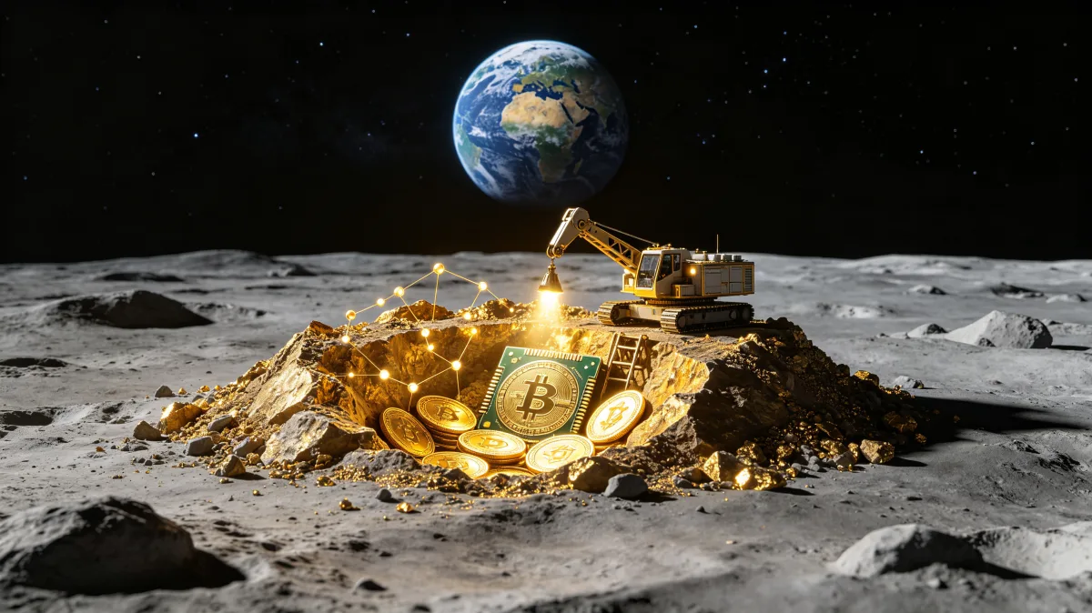 A pile of gold bars, coins, and a bitcoin symbol sits on a lunar surface with Earth visible overhead, creating a space-age wealth image about mining, scarcity, exploration, and speculative digital...