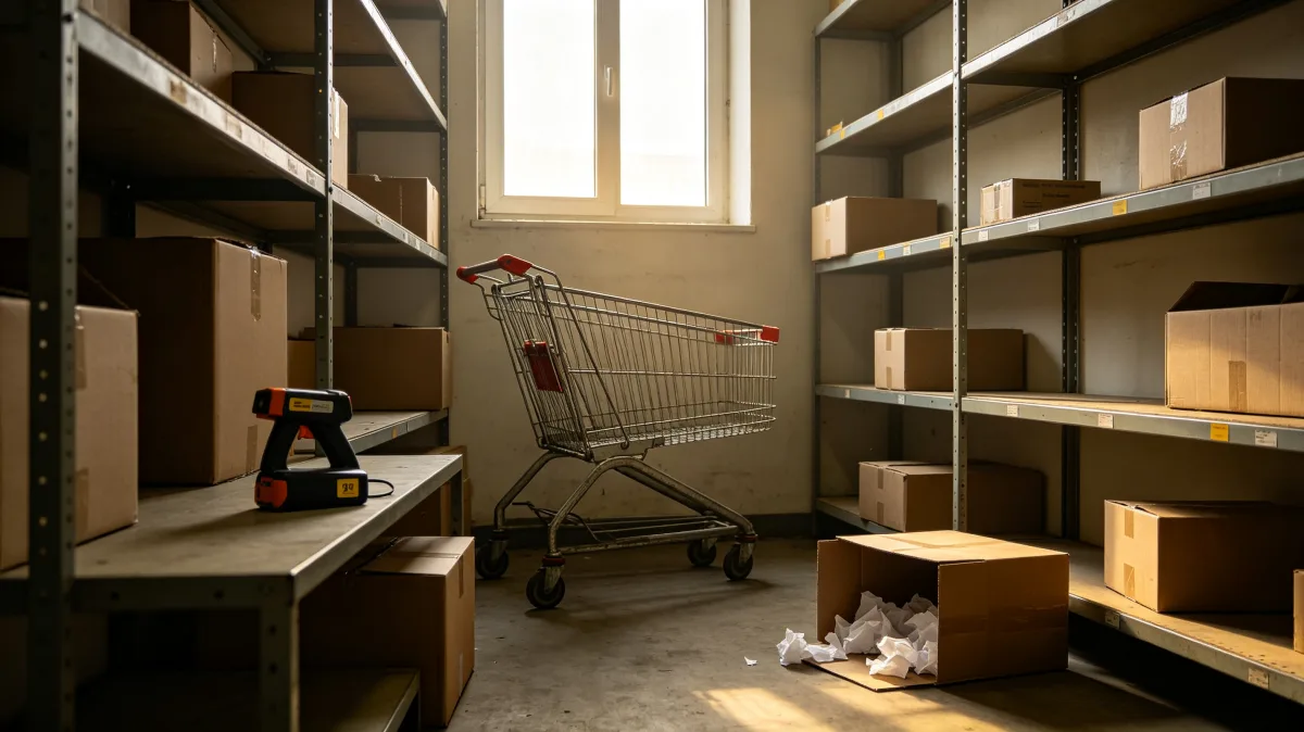 warehouse aisle with boxes shopping cart and pallet jack