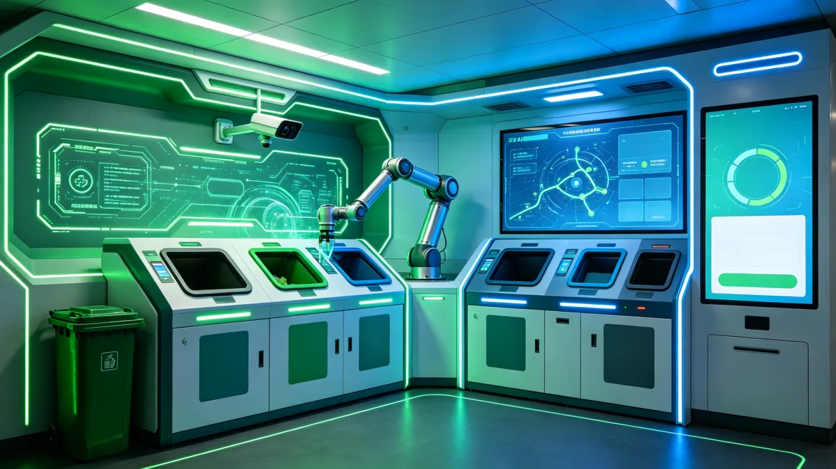 Robotic recycling station with green digital controls and waste sorting system