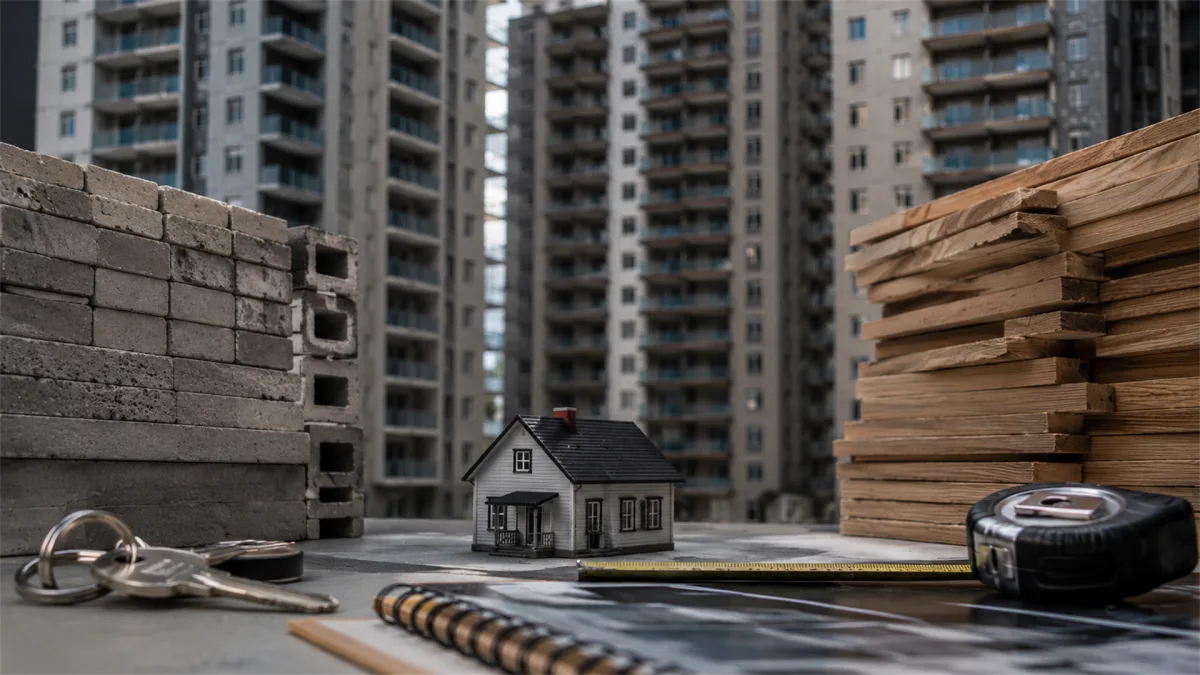 Construction materials, miniature houses, and measuring tools appear before high-rise buildings, suggesting housing supply, building costs, and urban development.