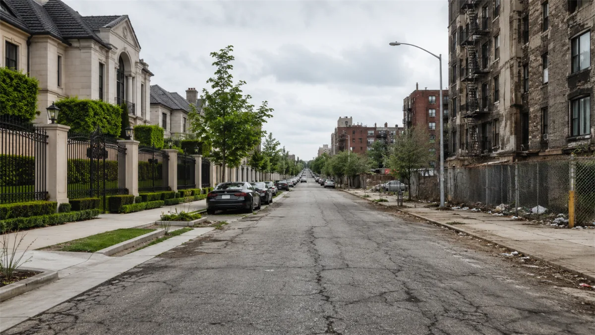 A street splits between well-kept homes and distressed buildings, suggesting inequality, uneven neighborhood investment, and economic contrast.