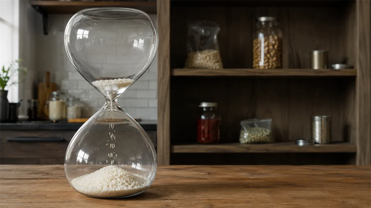 A glass hourglass sits in a kitchen shelf setting, suggesting household time pressure, pantry budgeting, and waiting for financial relief.