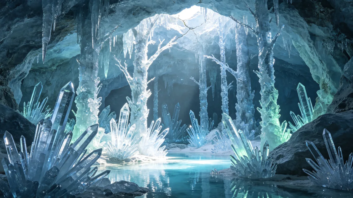 blue ice cave with white tree and frozen crystal clusters