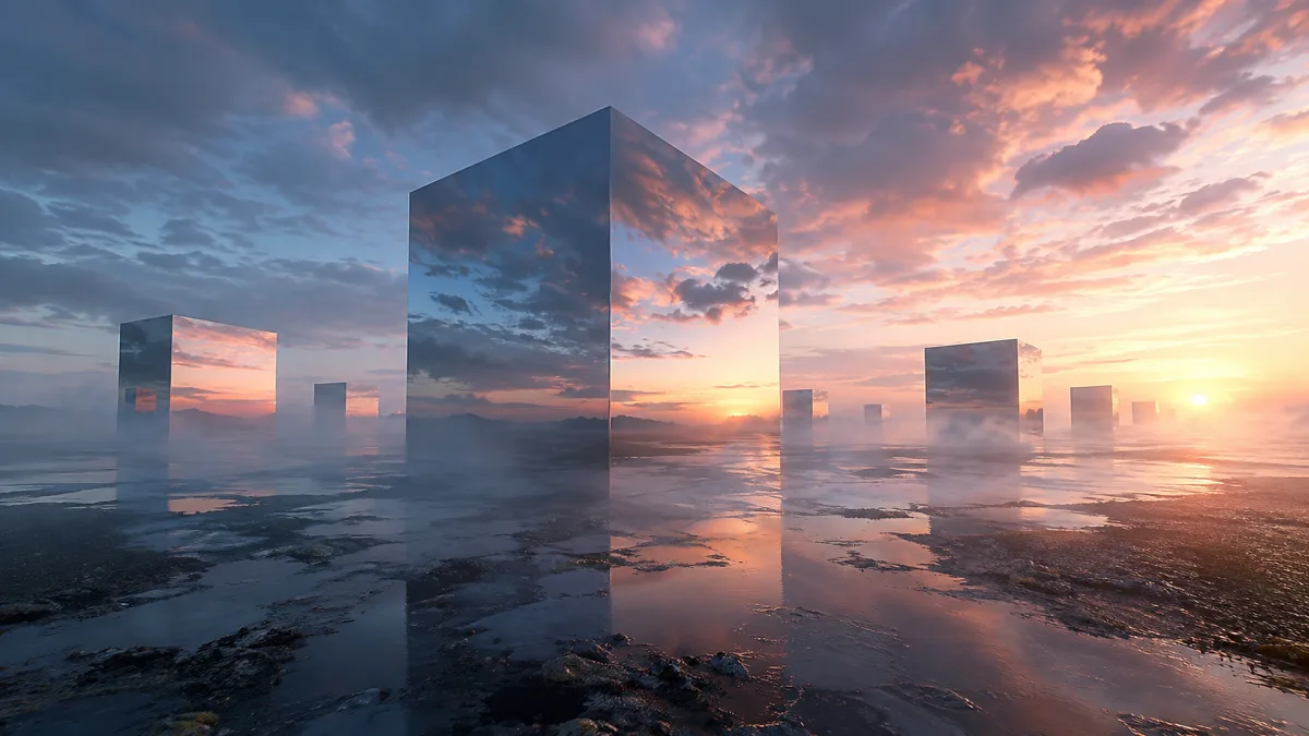 mirrored monoliths standing on misty reflective shoreline